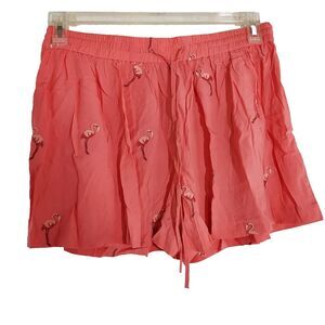 LOFT Embroidered Flamingo Rayon Shorts Flowy Drawstring Elastic Waist Size Small